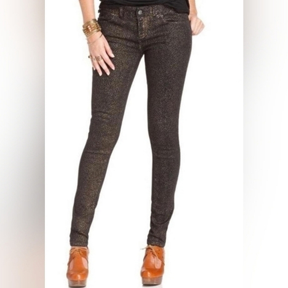 Free People Black and Gold Leopard Cheetah Skinny Jeans - Picture 2 of 9